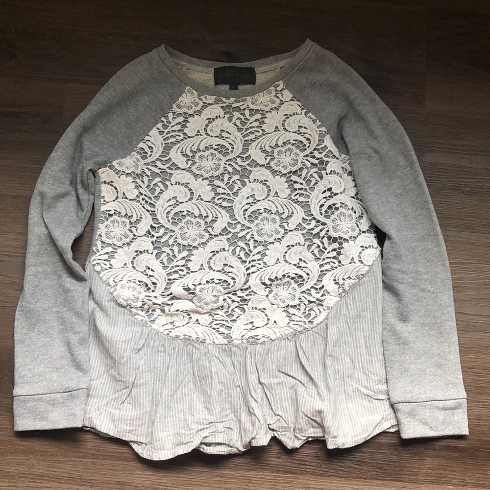 Sunday in Brooklyn Anthropologie Lace Floral Ruffle Layered Sweatshirt